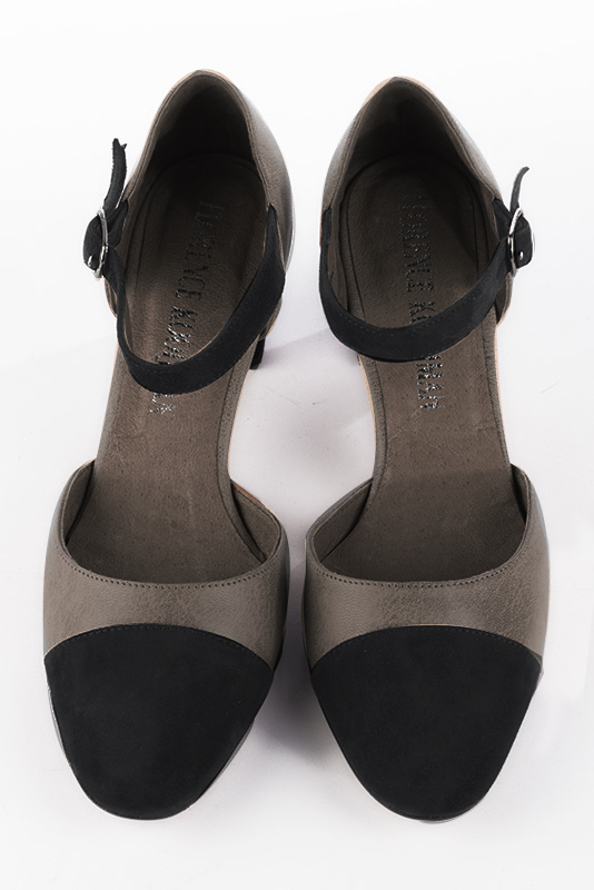 Matt black and ash grey women's open side shoes, with an instep strap. Round toe. Medium block heels. Top view - Florence KOOIJMAN